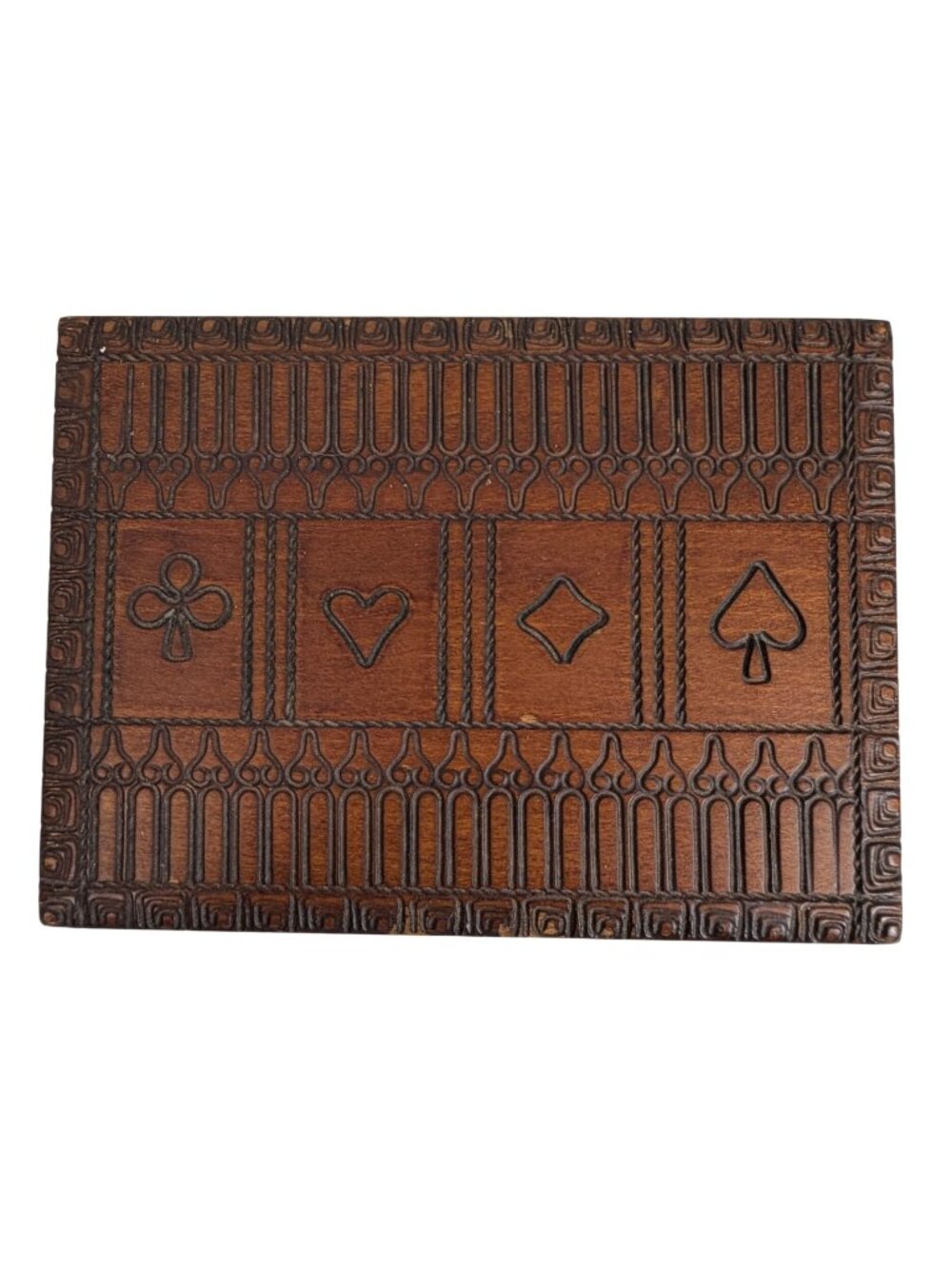 Vintage Hand Carved Wooden Playing Card Box + Two Decks 6x4.5
